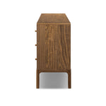 Featuring Arturo Natural Walnut Veneer 9 Drawer Dresser by Four Hands at Amethyst Home. Inspired by campaign-style furniture of the 1800s — packable pieces first designed for traveling military use — a simply shaped dresser of natural walnut features a subtly inset top and rounded legs, finished with wooden hardware. This item has been modified to comply. Amethyst Home provides interior design, new home construction design consulting, vintage area rugs, and lighting in the Laguna Beach metro area.