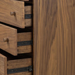 Featuring Arturo Natural Walnut Veneer Chest by Four Hands at Amethyst Home. Inspired by campaign-style furniture of the 1800s — packable pieces first designed for traveling military use — a simply shaped chest of natural walnut features a subtly inset top and rounded legs, finished with wooden hardware. This item has been modified to comply with the STURDY Ac. Amethyst Home provides interior design, new home construction design consulting, vintage area rugs, and lighting in the Boston metro area.