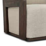This outdoor swivel chair with a 360 base plays with an angular silhouette, mirrored in the open FSC®-certified teak frame. Cutout details on the arms and back add visual intrigue that highlights the deep seat cushion. Cover or store inside during inclement weather and when not in use. Amethyst Home provides interior design, new home construction design consulting, vintage area rugs, and lighting in the Laguna Beach metro area.