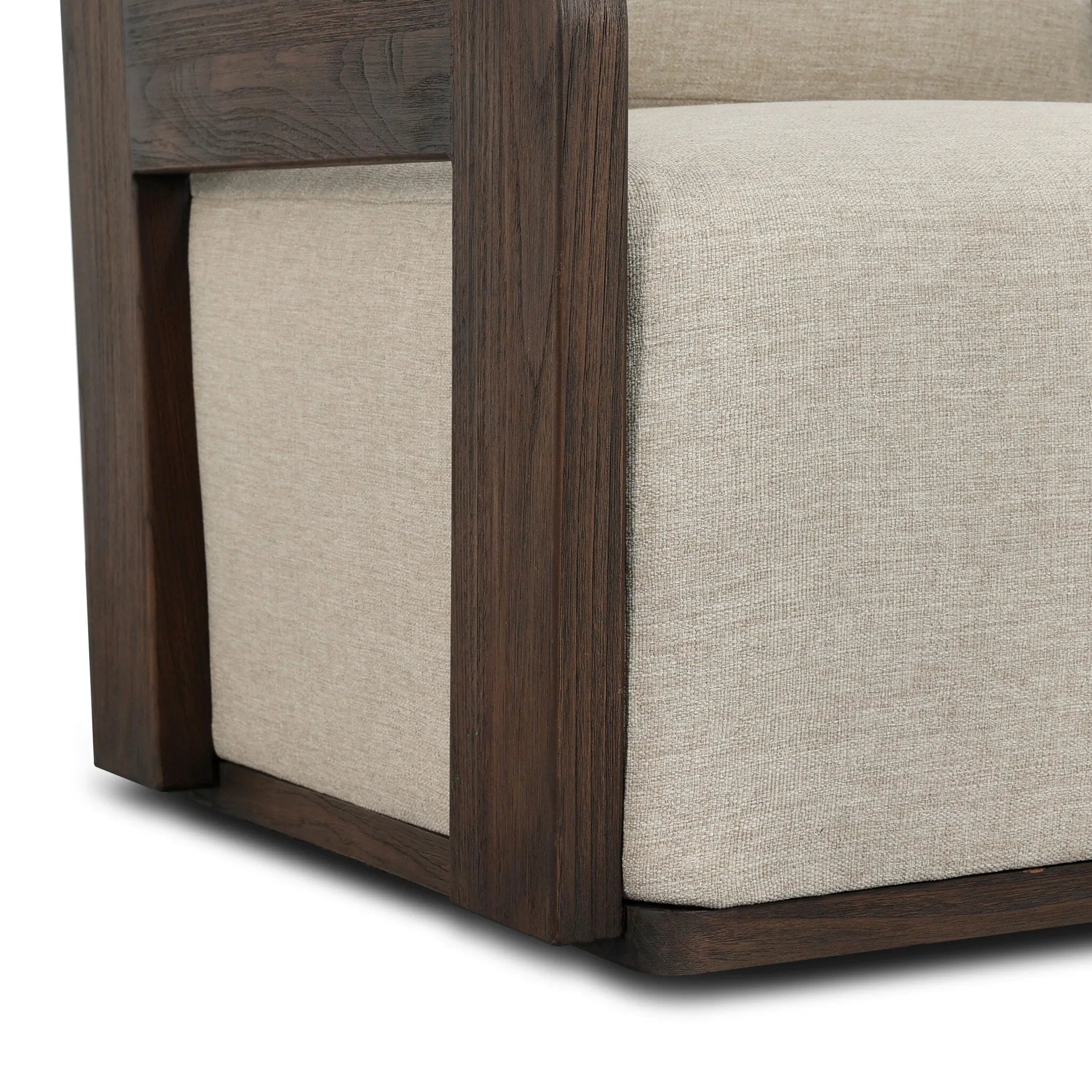 This outdoor swivel chair with a 360 base plays with an angular silhouette, mirrored in the open FSC®-certified teak frame. Cutout details on the arms and back add visual intrigue that highlights the deep seat cushion. Cover or store inside during inclement weather and when not in use. Amethyst Home provides interior design, new home construction design consulting, vintage area rugs, and lighting in the Laguna Beach metro area.