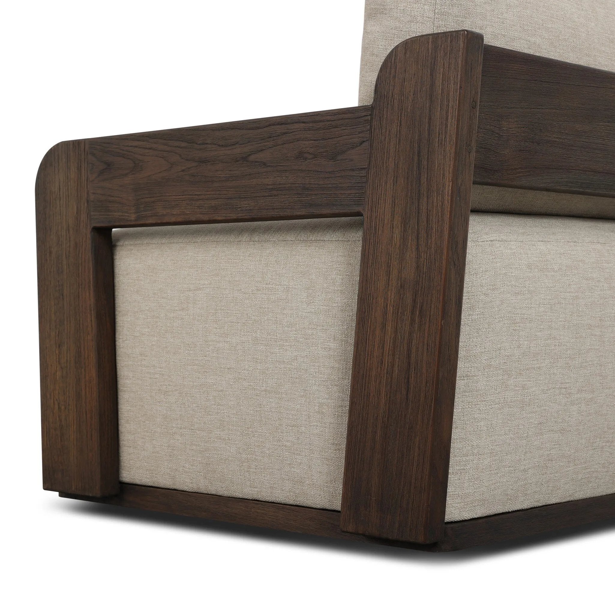This outdoor swivel chair with a 360 base plays with an angular silhouette, mirrored in the open FSC®-certified teak frame. Cutout details on the arms and back add visual intrigue that highlights the deep seat cushion. Cover or store inside during inclement weather and when not in use. Amethyst Home provides interior design, new home construction design consulting, vintage area rugs, and lighting in the Los Angeles metro area.