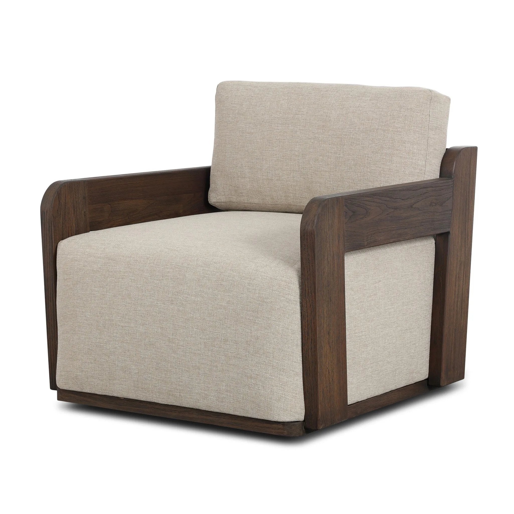 This outdoor swivel chair with a 360 base plays with an angular silhouette, mirrored in the open FSC®-certified teak frame. Cutout details on the arms and back add visual intrigue that highlights the deep seat cushion. Cover or store inside during inclement weather and when not in use. Amethyst Home provides interior design, new home construction design consulting, vintage area rugs, and lighting in the Miami metro area.