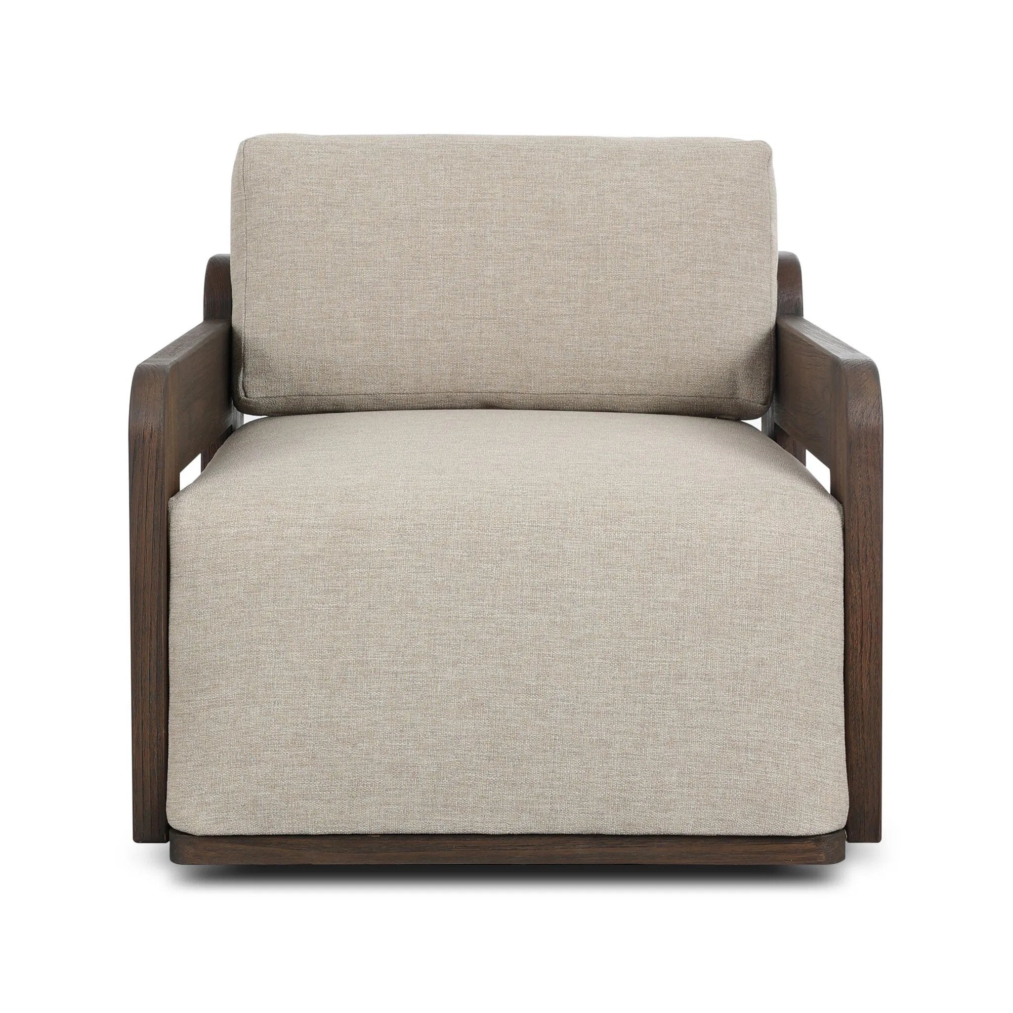 This outdoor swivel chair with a 360 base plays with an angular silhouette, mirrored in the open FSC®-certified teak frame. Cutout details on the arms and back add visual intrigue that highlights the deep seat cushion. Cover or store inside during inclement weather and when not in use. Amethyst Home provides interior design, new home construction design consulting, vintage area rugs, and lighting in the Nashville metro area.