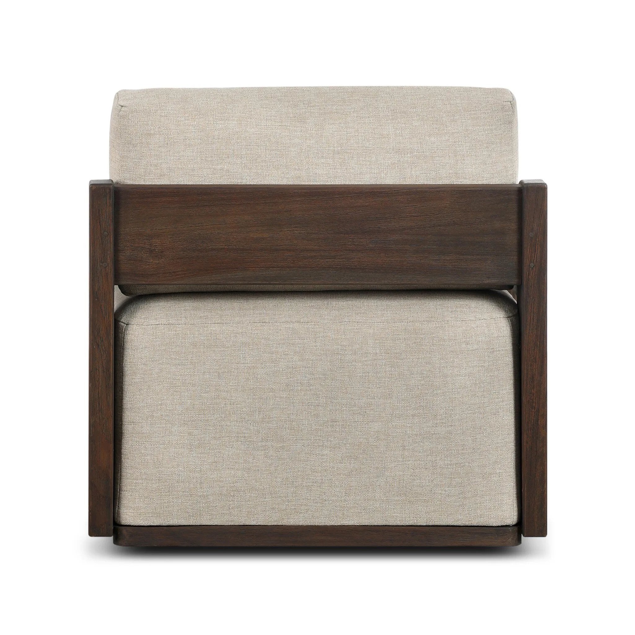 This outdoor swivel chair with a 360 base plays with an angular silhouette, mirrored in the open FSC®-certified teak frame. Cutout details on the arms and back add visual intrigue that highlights the deep seat cushion. Cover or store inside during inclement weather and when not in use. Amethyst Home provides interior design, new home construction design consulting, vintage area rugs, and lighting in the Omaha metro area.