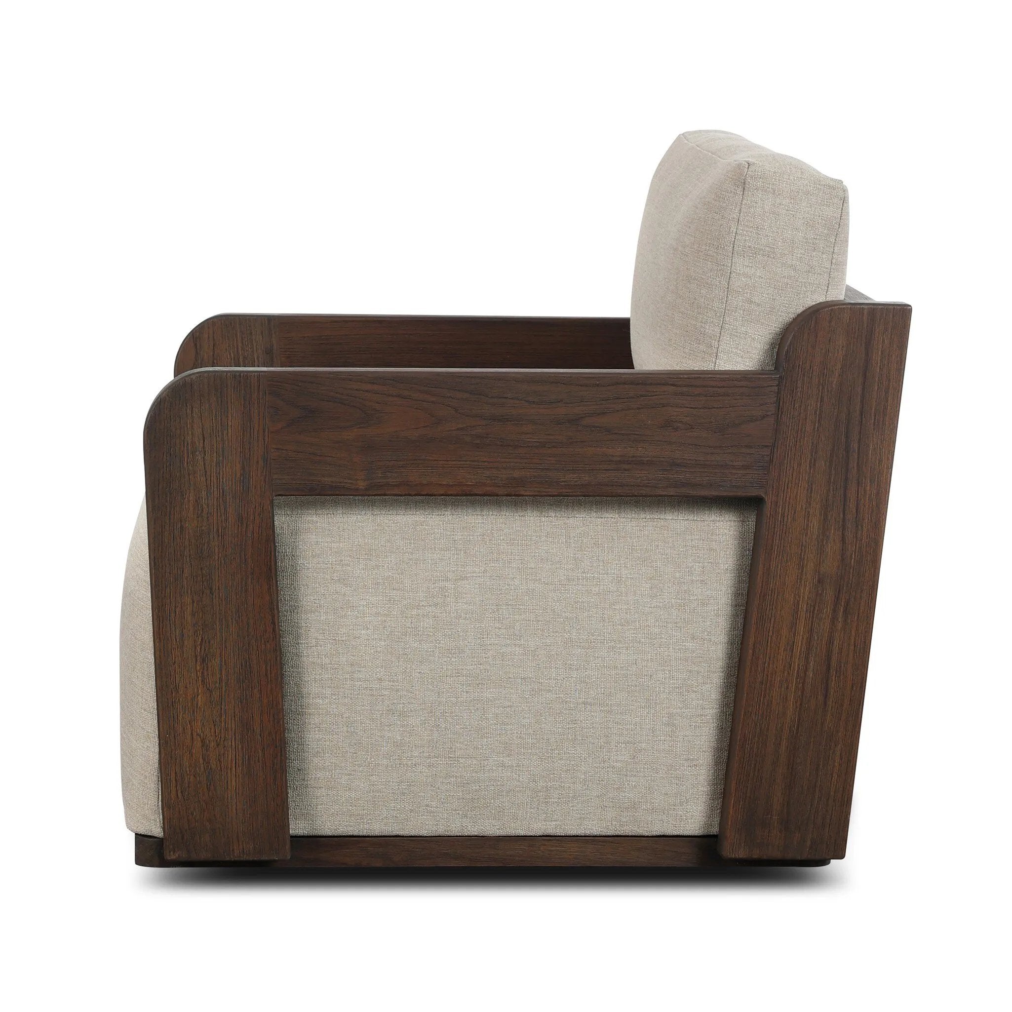 This outdoor swivel chair with a 360 base plays with an angular silhouette, mirrored in the open FSC®-certified teak frame. Cutout details on the arms and back add visual intrigue that highlights the deep seat cushion. Cover or store inside during inclement weather and when not in use. Amethyst Home provides interior design, new home construction design consulting, vintage area rugs, and lighting in the Winter Garden metro area.