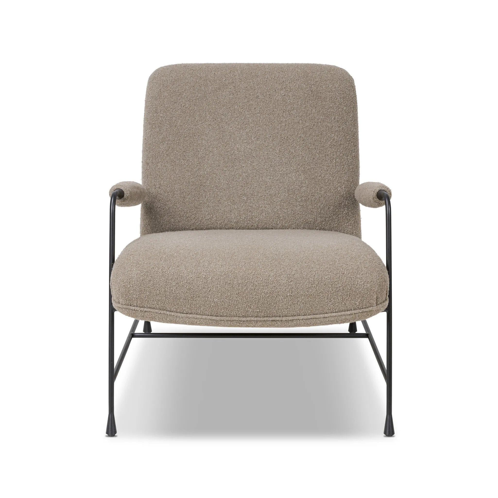 Meet your new favorite chair. Fixed cushioning upholstered in a brushed, textural fabric pairs with a slim steel frame and padded armrests. S-spring suspension and foam cushioning provide lasting support Amethyst Home provides interior design, new home construction design consulting, vintage area rugs, and lighting in the Houston metro area.