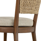 A fresh take on the traditional woven style, this outdoor dining chair features a faux banana leaf material wrapped in a bold, chunky texture around FSC®-certified teak framing. Cover or store indoors during inclement weather and when not in use. Amethyst Home provides interior design, new home construction design consulting, vintage area rugs, and lighting in the Houston metro area.