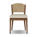 A fresh take on the traditional woven style, this outdoor dining chair features a faux banana leaf material wrapped in a bold, chunky texture around FSC®-certified teak framing. Cover or store indoors during inclement weather and when not in use. Amethyst Home provides interior design, new home construction design consulting, vintage area rugs, and lighting in the Kansas City metro area.