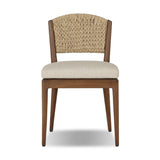 A fresh take on the traditional woven style, this outdoor dining chair features a faux banana leaf material wrapped in a bold, chunky texture around FSC®-certified teak framing. Cover or store indoors during inclement weather and when not in use. Amethyst Home provides interior design, new home construction design consulting, vintage area rugs, and lighting in the Kansas City metro area.