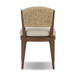 A fresh take on the traditional woven style, this outdoor dining chair features a faux banana leaf material wrapped in a bold, chunky texture around FSC®-certified teak framing. Cover or store indoors during inclement weather and when not in use. Amethyst Home provides interior design, new home construction design consulting, vintage area rugs, and lighting in the Salt Lake City metro area.