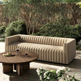 A dramatically channeled outdoor sofa with subtly textured upholstery for a clean, inviting look. Cover or store indoors during inclement weather and when not in use Amethyst Home provides interior design, new home construction design consulting, vintage area rugs, and lighting in the Washington metro area.