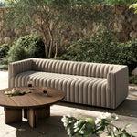 Featuring Augustine Casa Grey Outdoor Sofa-97" by Four Hands at Amethyst Home. A dramatically channeled outdoor sofa with subtly textured upholstery for a clean, inviting look. Cover or store indoors during inclement weather and when not in use.Overall Dimensions: 95.75"w x 35.50"d x 26.75"hWeight : 108.25 lbsMaterials: 100% Olefin, Aluminum, 91% Polyurethane F. Amethyst Home provides interior design, new home construction design consulting, vintage area rugs, and lighting in the Omaha metro area.