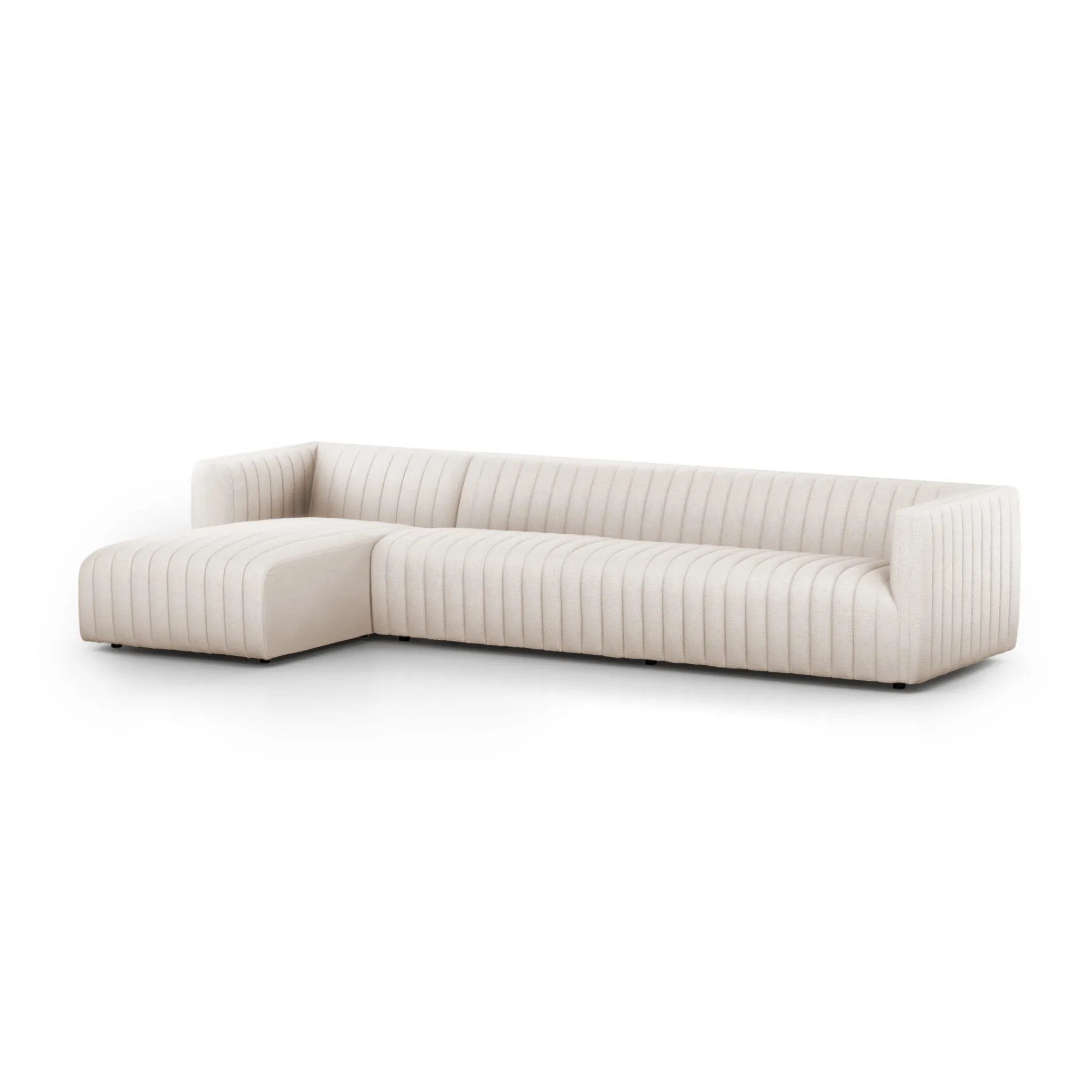 Featuring Augustine Dover Crescent 2-Piece Sectional by Four Hands at Amethyst Home. A dramatically channeled sofa with white linen-blend upholstery offers a crisp, clean look and sumptuous sit. Two-piece sectional with right arm-facing chaise, sized for larger spaces.Left ChaiseOverall Dimensions: 126.00"w x 64.00"d x 26.50"hWeight: 189.59 lbsRight ChaiseO. Amethyst Home provides interior design, new home construction design consulting, vintage area rugs, and lighting in the San Diego metro area.