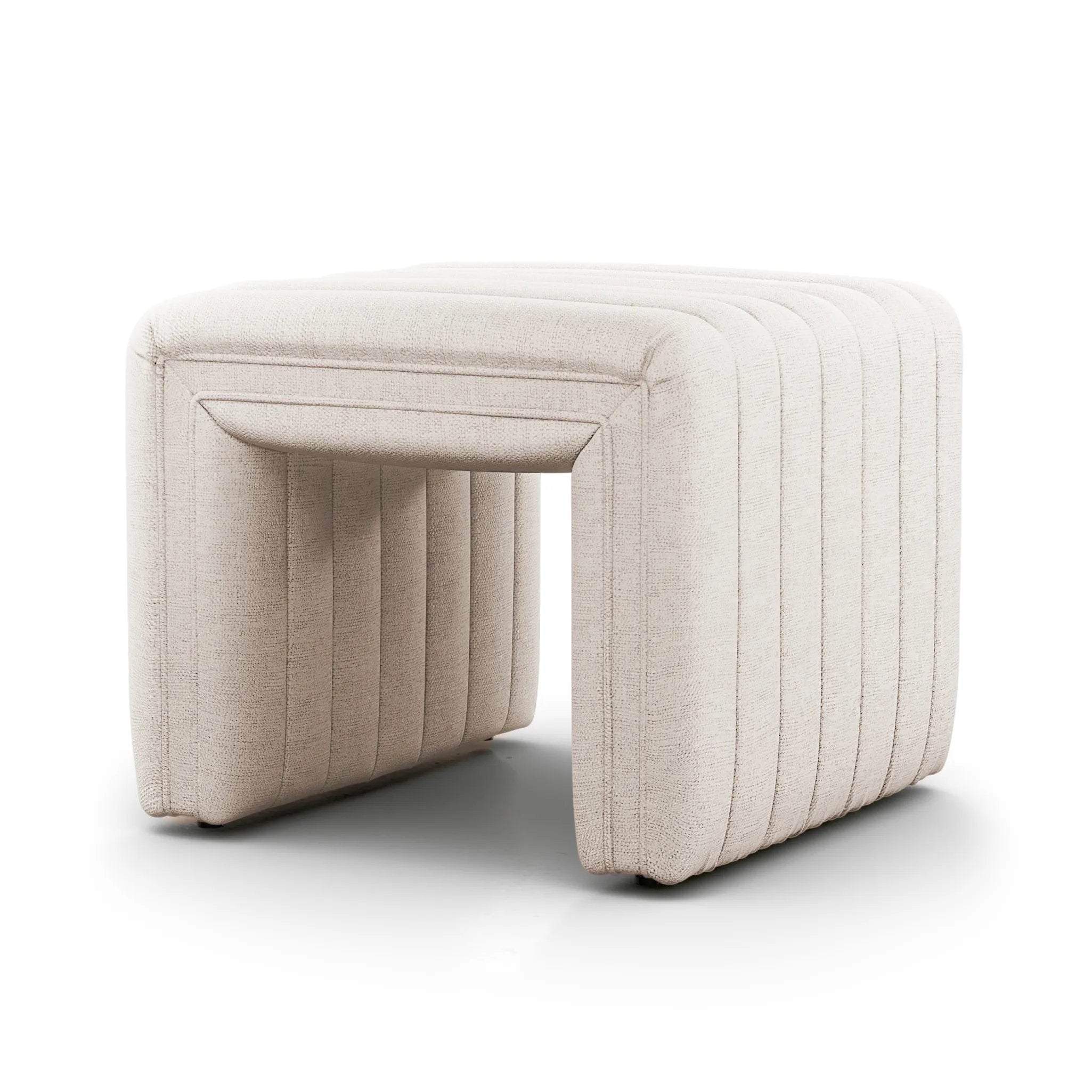 Layer in an extra surface or added seating by way of a linen-blend ottoman in a crisp, clean off-white, with dramatic channeling for great texture Amethyst Home provides interior design, new home construction design consulting, vintage area rugs, and lighting in the San Diego metro area.