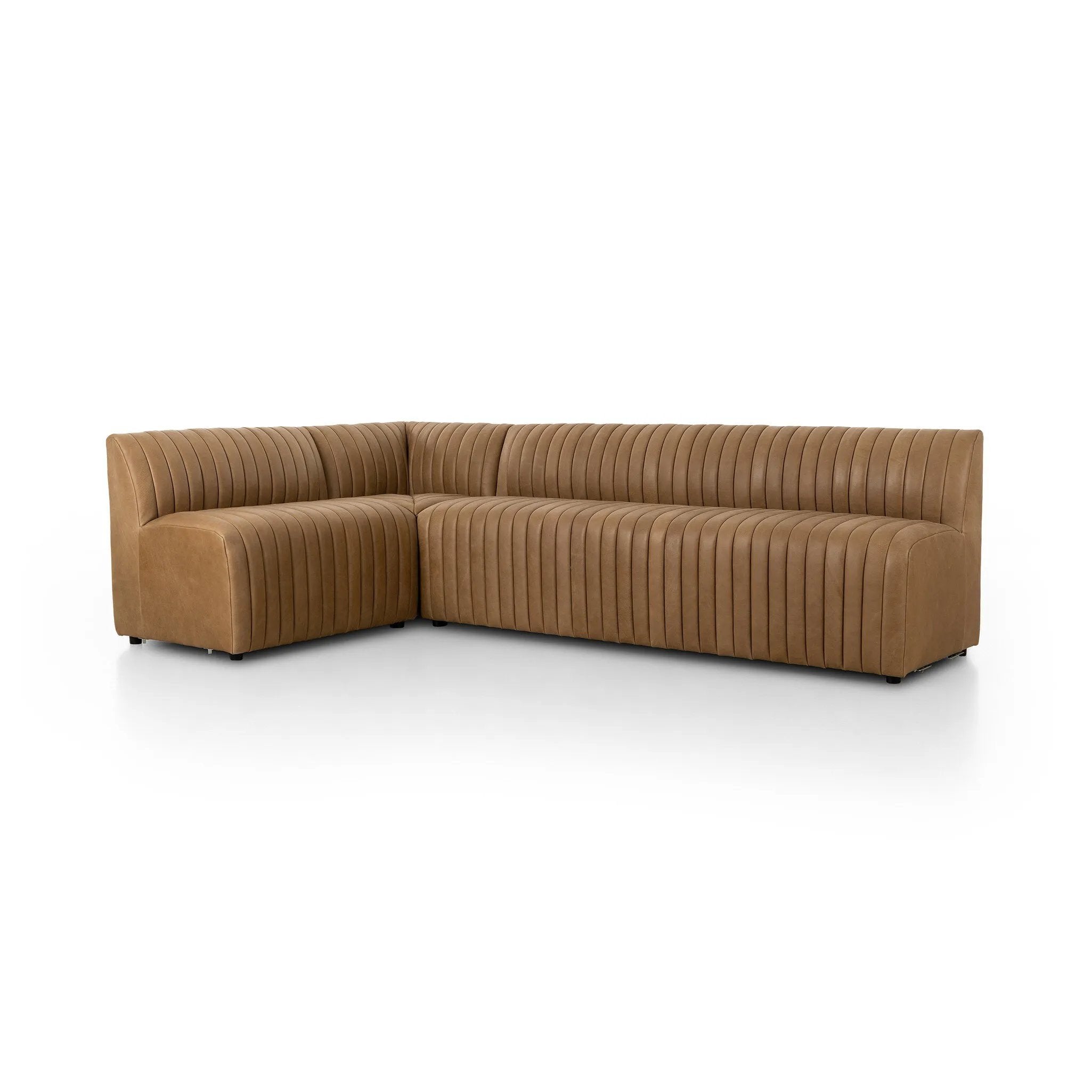 Featuring Augustine Palermo Drift Dining Banquette L Shape 110" by Four Hands at Amethyst Home. Welcome to your new favorite nook for morning coffee. An L-shaped dining banquette is upholstered in tan top-grain leather with a beautifully pronounced grain and dramatic channeling for a linear look.Overall Dimensions: 110.00"w x 66.50"d x 31.50"h
Shown paired with. Amethyst Home provides interior design, new home construction design consulting, vintage area rugs, and lighting in the Tampa metro area.