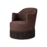 This drum-style, 360-degree swivel chair is covered in a unique plum fabric, with bullion fringe on the bottom for drama.As enthusiasts of wabi sabi design at Amethyst, we love the designer inspired Aurora Fringe Swivel Chair - Laughlin Plum. This item pairs well with other brands such as Surya and is perfect for modern homes Amethyst Home provides interior design, new home construction design consulting, vintage area rugs, and lighting in the Alpharetta metro area.