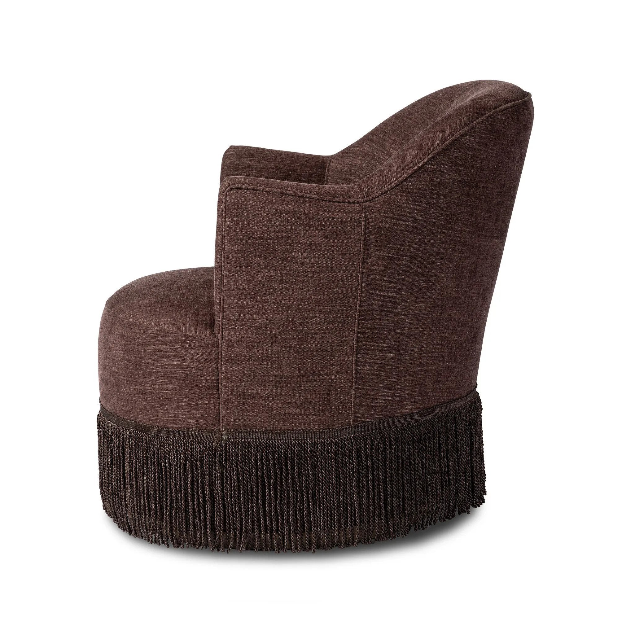 This drum-style, 360-degree swivel chair is covered in a unique plum fabric, with bullion fringe on the bottom for drama.As enthusiasts of wabi sabi design at Amethyst, we love the designer inspired Aurora Fringe Swivel Chair - Laughlin Plum. This item pairs well with other brands such as Surya and is perfect for modern homes Amethyst Home provides interior design, new home construction design consulting, vintage area rugs, and lighting in the Laguna Beach metro area.