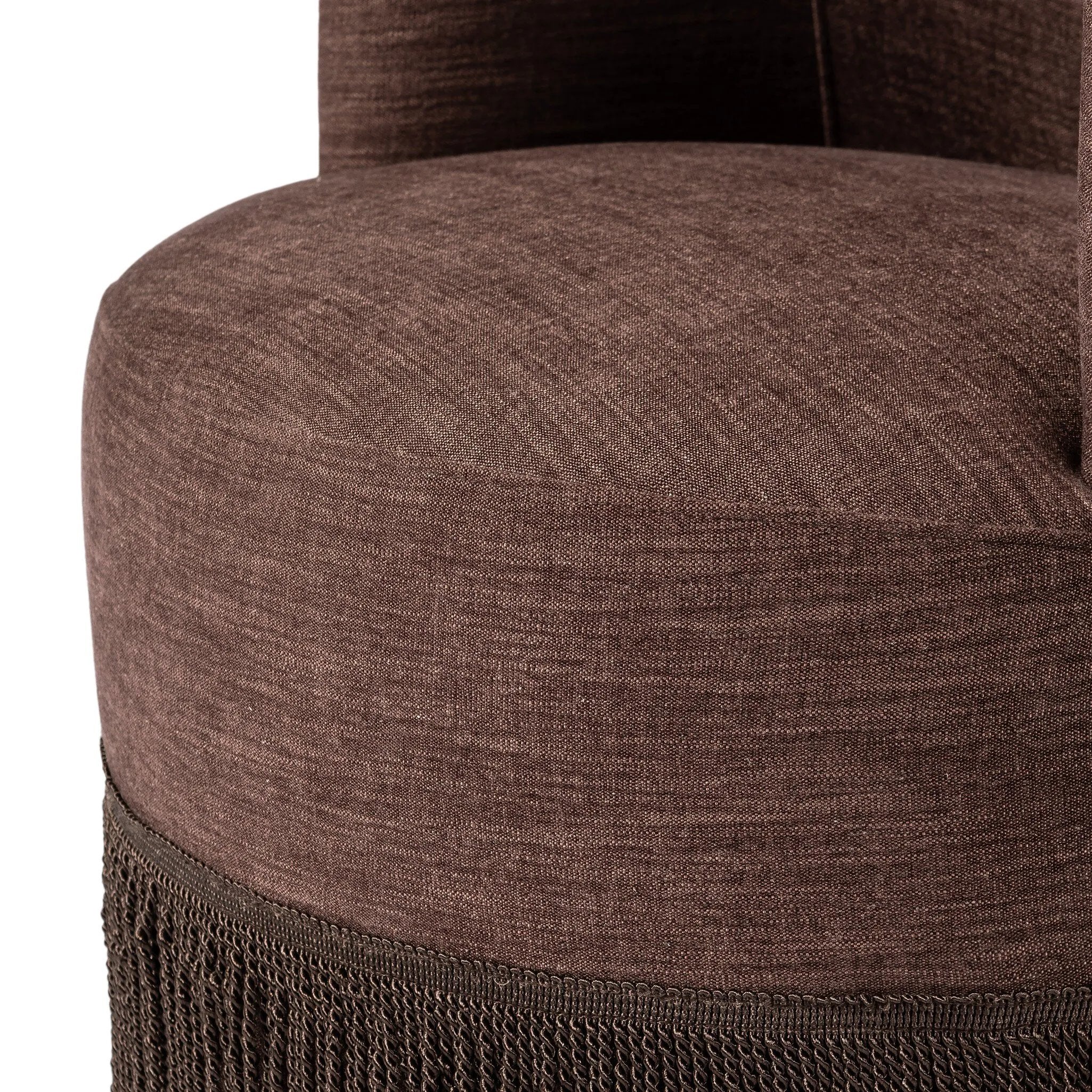 This drum-style, 360-degree swivel chair is covered in a unique plum fabric, with bullion fringe on the bottom for drama.As enthusiasts of wabi sabi design at Amethyst, we love the designer inspired Aurora Fringe Swivel Chair - Laughlin Plum. This item pairs well with other brands such as Surya and is perfect for modern homes Amethyst Home provides interior design, new home construction design consulting, vintage area rugs, and lighting in the Los Angeles metro area.