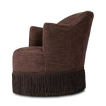 This drum-style, 360-degree swivel chair is covered in a unique plum fabric, with bullion fringe on the bottom for drama.As enthusiasts of wabi sabi design at Amethyst, we love the designer inspired Aurora Fringe Swivel Chair - Laughlin Plum. This item pairs well with other brands such as Surya and is perfect for modern homes Amethyst Home provides interior design, new home construction design consulting, vintage area rugs, and lighting in the Nashville metro area.