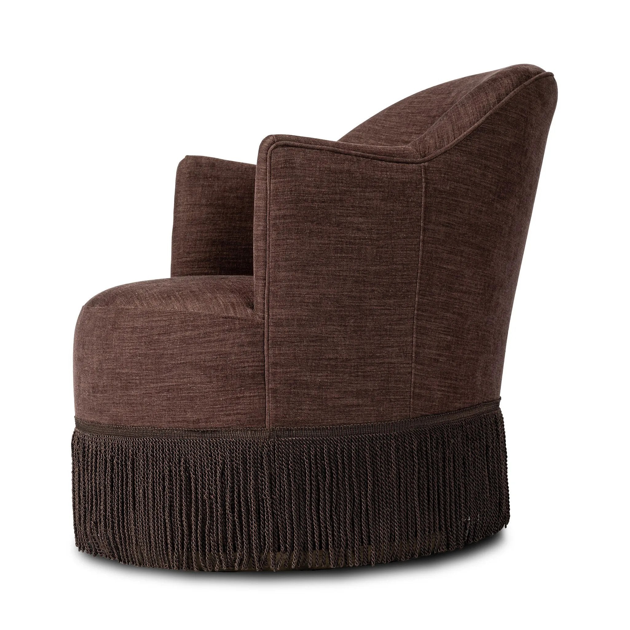 This drum-style, 360-degree swivel chair is covered in a unique plum fabric, with bullion fringe on the bottom for drama.As enthusiasts of wabi sabi design at Amethyst, we love the designer inspired Aurora Fringe Swivel Chair - Laughlin Plum. This item pairs well with other brands such as Surya and is perfect for modern homes Amethyst Home provides interior design, new home construction design consulting, vintage area rugs, and lighting in the Nashville metro area.
