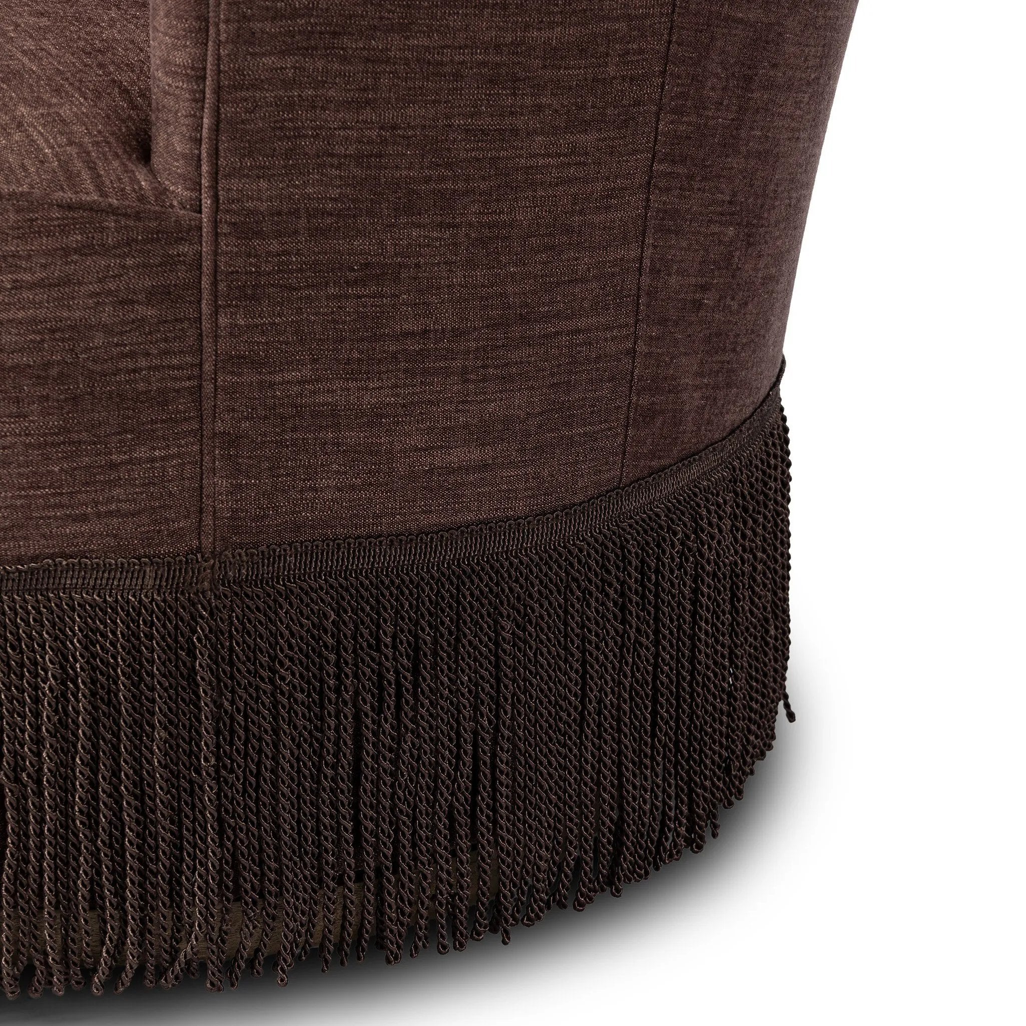 This drum-style, 360-degree swivel chair is covered in a unique plum fabric, with bullion fringe on the bottom for drama.As enthusiasts of wabi sabi design at Amethyst, we love the designer inspired Aurora Fringe Swivel Chair - Laughlin Plum. This item pairs well with other brands such as Surya and is perfect for modern homes Amethyst Home provides interior design, new home construction design consulting, vintage area rugs, and lighting in the Park City metro area.