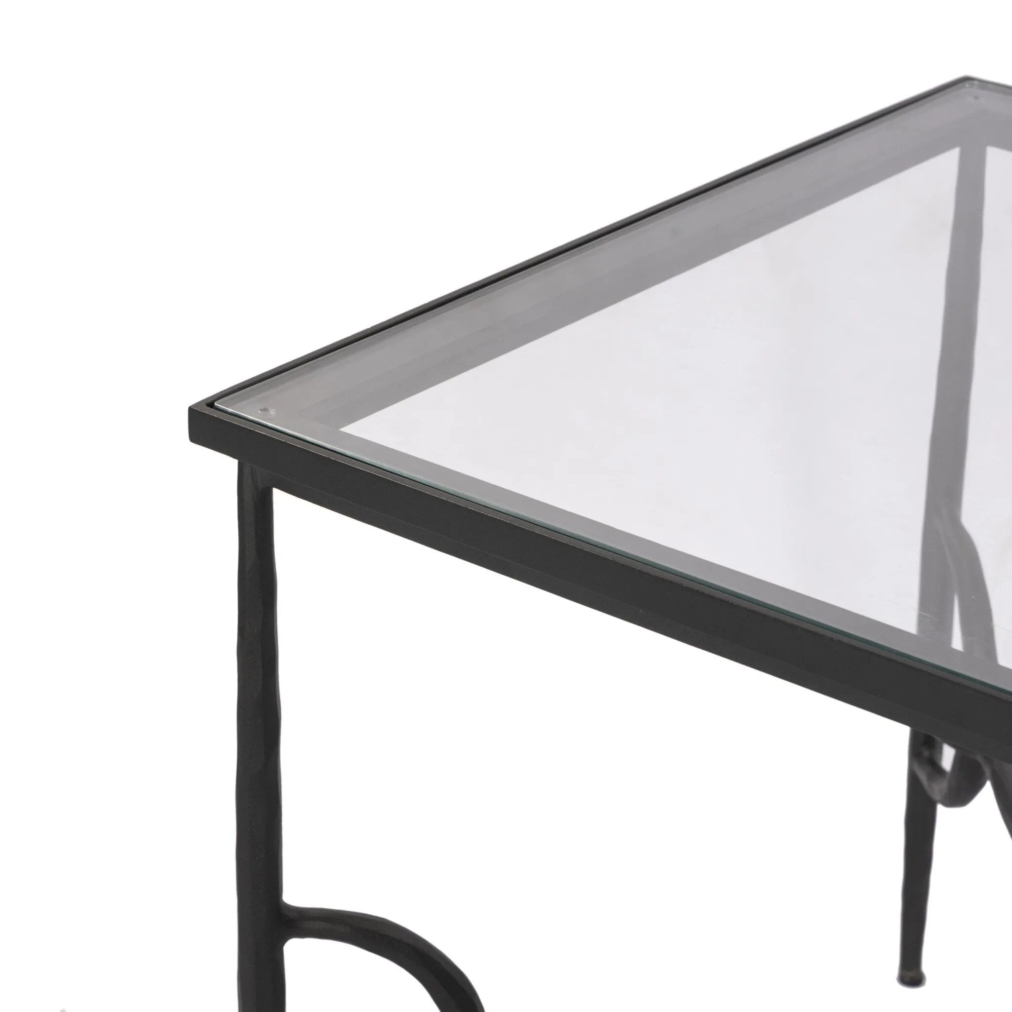 A slim frame of hammered gunmetal pairs with tempered glass, for a clean and timeless end table look. Stretchers attach to metal loops for an elevated design detail Amethyst Home provides interior design, new home construction design consulting, vintage area rugs, and lighting in the Laguna Beach metro area.