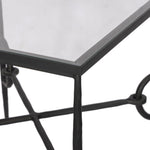 A slim frame of hammered gunmetal pairs with tempered glass, for a clean and timeless end table look. Stretchers attach to metal loops for an elevated design detail Amethyst Home provides interior design, new home construction design consulting, vintage area rugs, and lighting in the Seattle metro area.