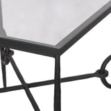 A slim frame of hammered gunmetal pairs with tempered glass, for a clean and timeless end table look. Stretchers attach to metal loops for an elevated design detail Amethyst Home provides interior design, new home construction design consulting, vintage area rugs, and lighting in the Seattle metro area.