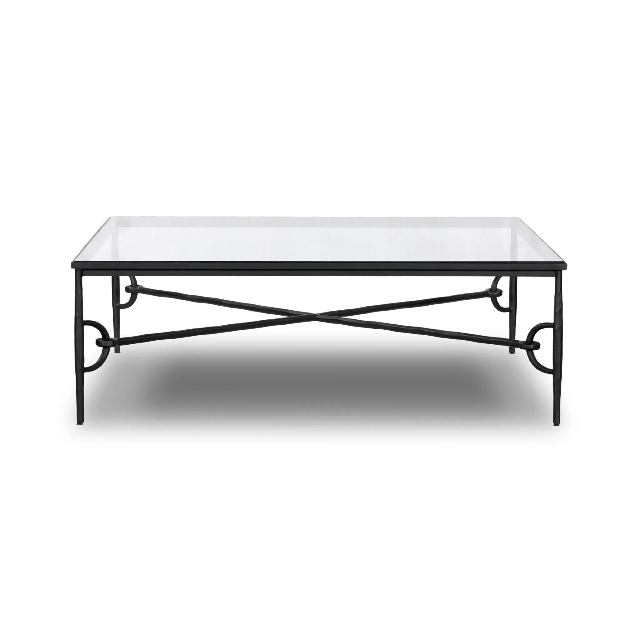 Featuring Babylon Tempered Glass Coffee Table by Four Hands at Amethyst Home. A slim, spare frame of hammered gunmetal pairs with tempered glass, for a clean and timeless coffee table look. Stretchers attach to metal loops for an elevated design detail.Overall Dimensions: 48.00"w x 48.00"d x 16.00"hWeight : 144.67 lbsMaterials: Tempered Glass, Iron. Amethyst Home provides interior design, new home construction design consulting, vintage area rugs, and lighting in the Kansas City metro area.