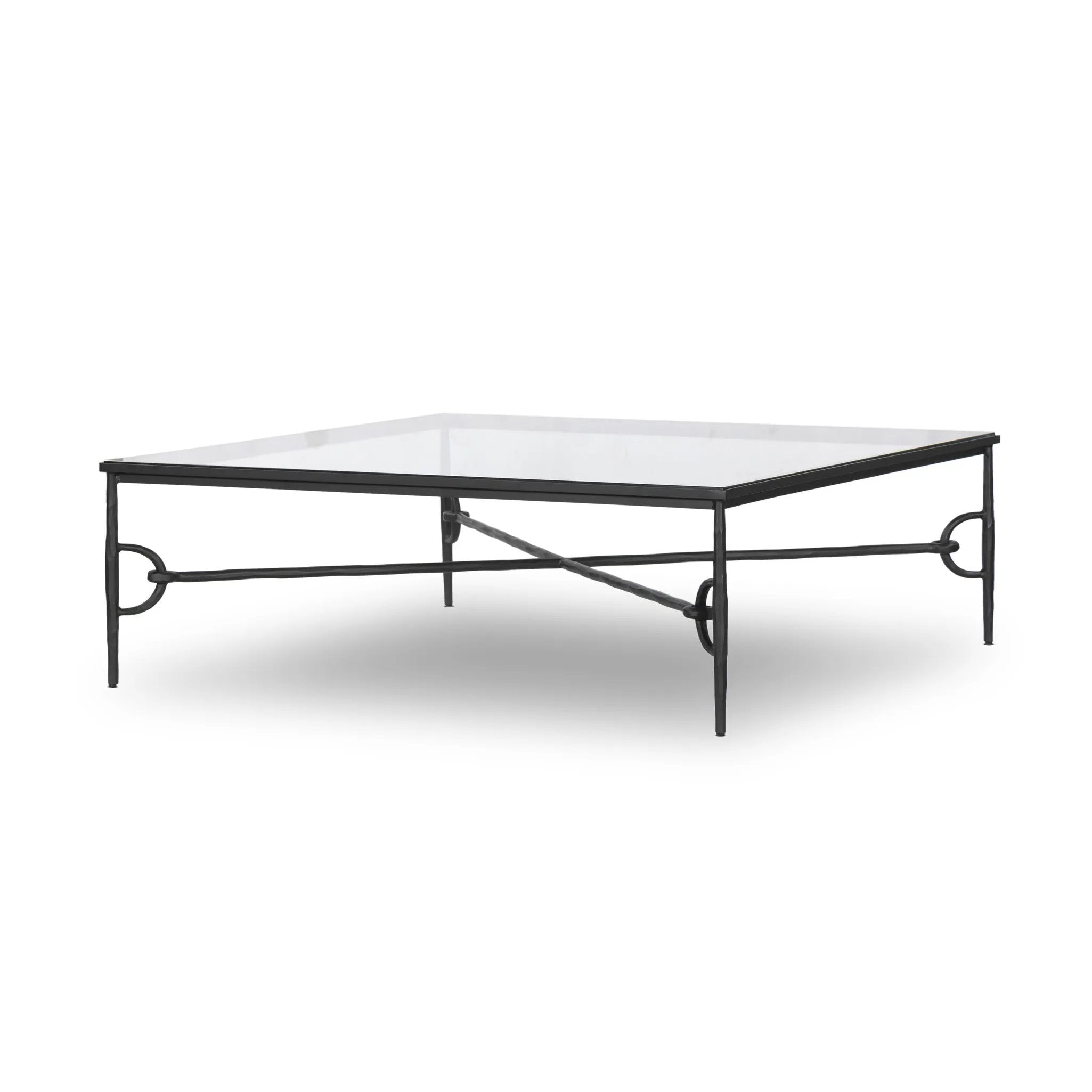 Featuring Babylon Tempered Glass Coffee Table by Four Hands at Amethyst Home. A slim, spare frame of hammered gunmetal pairs with tempered glass, for a clean and timeless coffee table look. Stretchers attach to metal loops for an elevated design detail.Overall Dimensions: 48.00"w x 48.00"d x 16.00"hWeight : 144.67 lbsMaterials: Tempered Glass, Iron. Amethyst Home provides interior design, new home construction design consulting, vintage area rugs, and lighting in the Salt Lake City metro area.