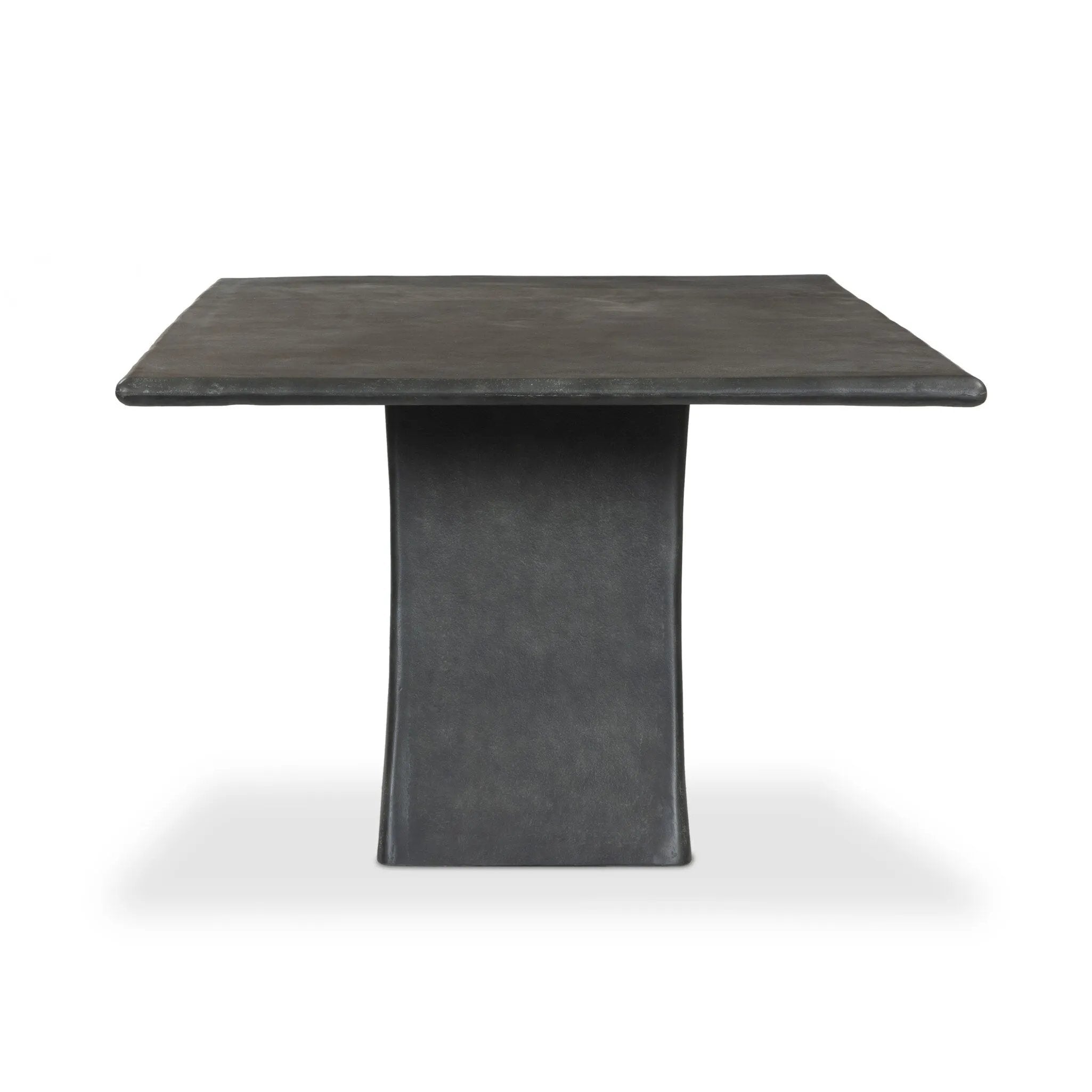 Aged grey aluminum and a tapered pedestal base bring sculptural presence to this rectangular table. Designed for versatility, its clean lines and subtle texture make it a striking addition to indoor or outdoor spaces. Cover or store indoors during inclement weather and when not in use Amethyst Home provides interior design, new home construction design consulting, vintage area rugs, and lighting in the Austin metro area.