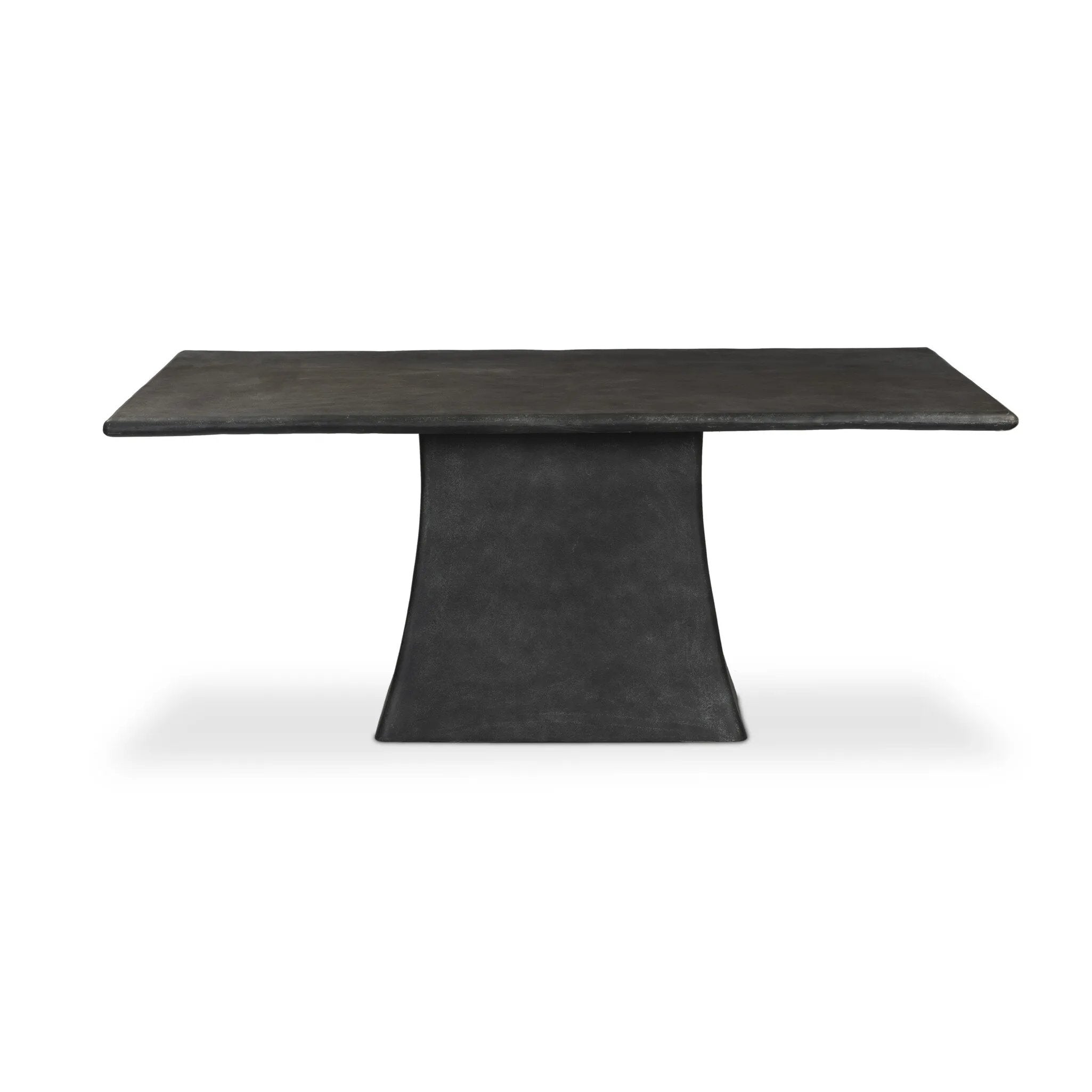 Aged grey aluminum and a tapered pedestal base bring sculptural presence to this rectangular table. Designed for versatility, its clean lines and subtle texture make it a striking addition to indoor or outdoor spaces. Cover or store indoors during inclement weather and when not in use Amethyst Home provides interior design, new home construction design consulting, vintage area rugs, and lighting in the Park City metro area.