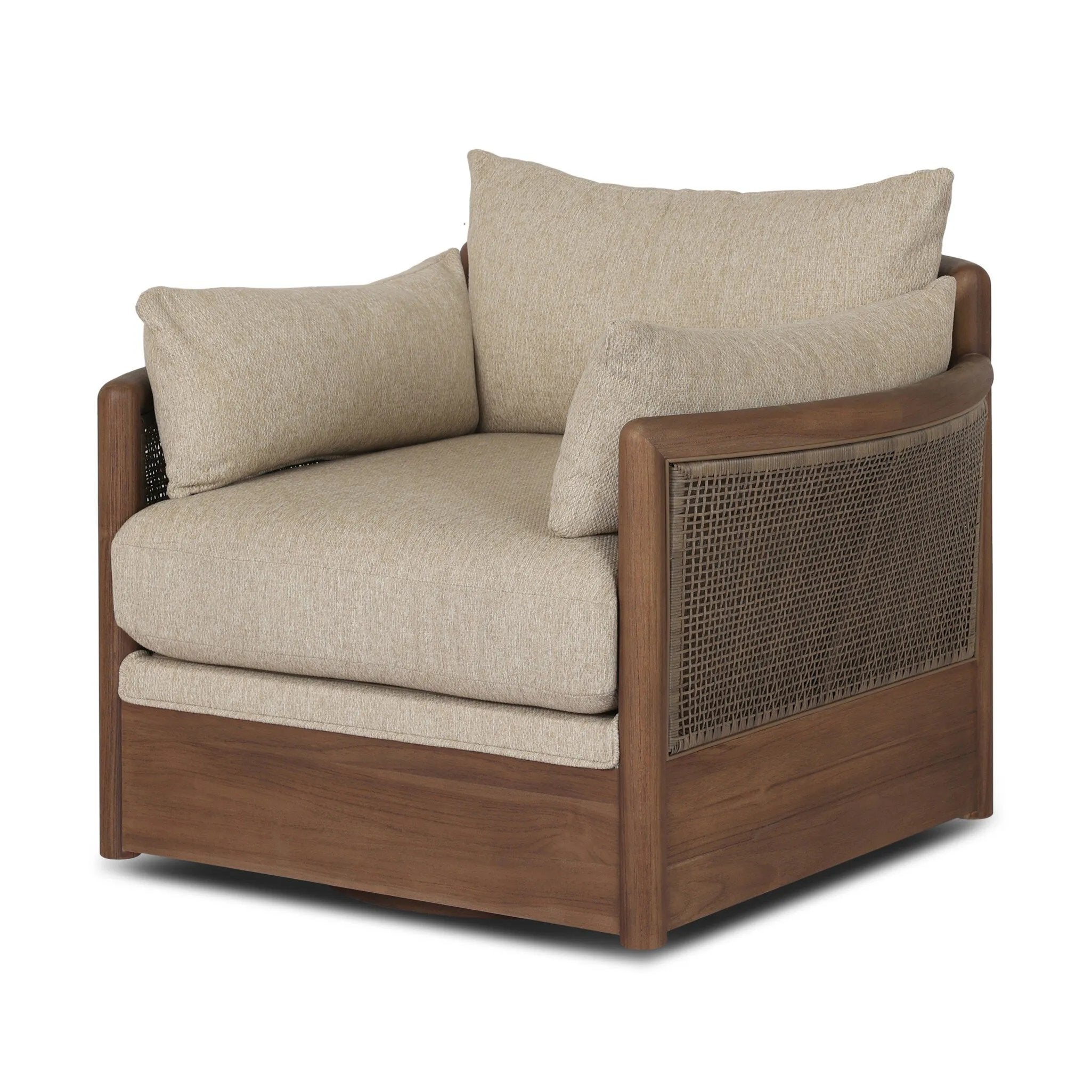 A fresh twist on classic cane weaving, this outdoor chair meets timeless design with durable, all-weather materials and a 360 swivel. Soft curves, plush cushions and elegant woven details bring indoor comfort outside, creating a seamless flow between your spaces. Elevate your outdoor living with a piece that feels as inviting as it looks. Amethyst Home provides interior design, new home construction design consulting, vintage area rugs, and lighting in the Nashville metro area.