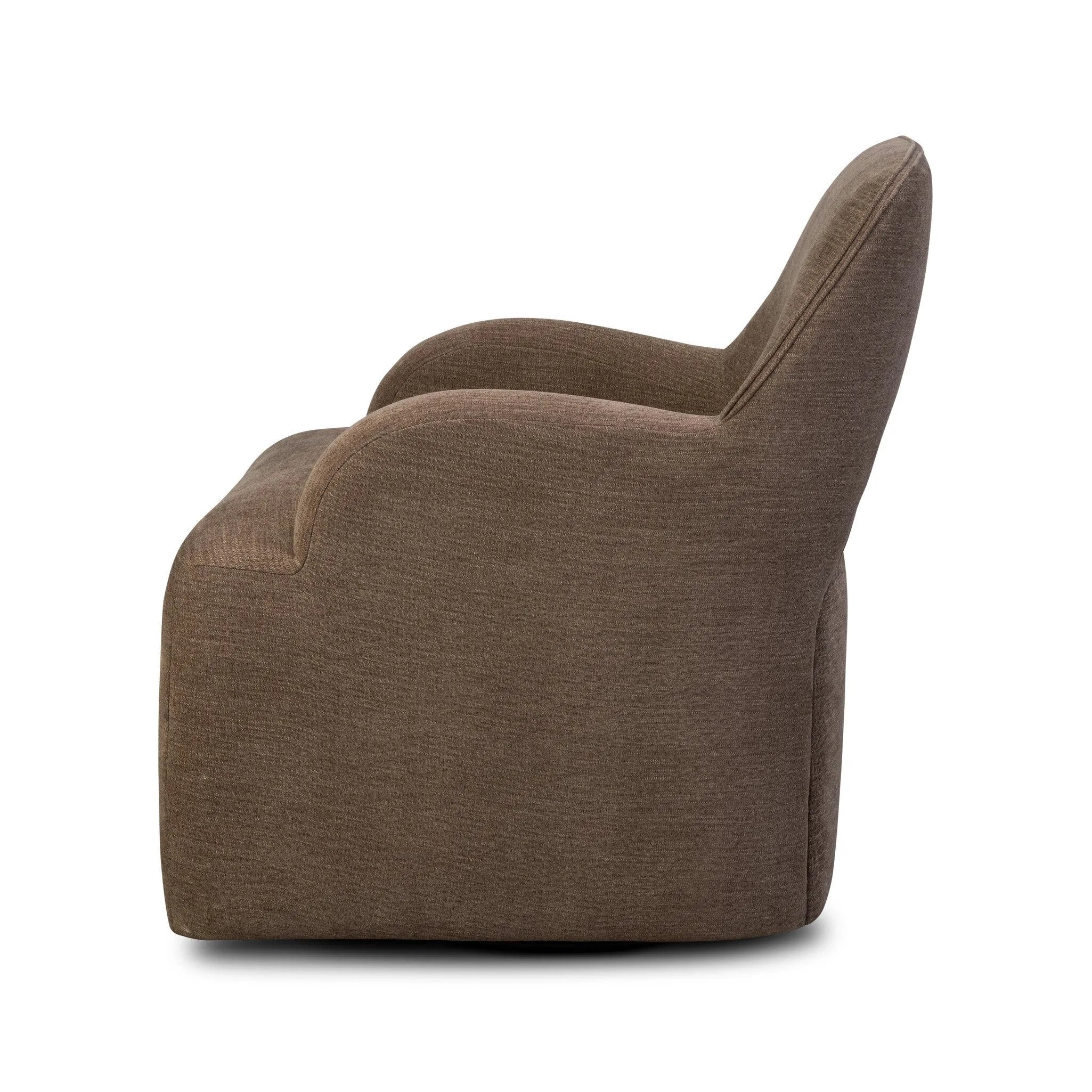 A 360 swivel chair fully upholstered in an inviting neutral coffee color, with a beautifully curved silhouette and arch-style cutout where the seat meets the back, creating a lightened sense of softness.As lovers of clean style at Amethyst, we love the nature inspired Barclay Swivel Chair - Laughlin Cafe. Amethyst Home provides interior design, new home construction design consulting, vintage area rugs, and lighting in the San Diego metro area.
