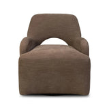 A 360 swivel chair fully upholstered in an inviting neutral coffee color, with a beautifully curved silhouette and arch-style cutout where the seat meets the back, creating a lightened sense of softness.As lovers of clean style at Amethyst, we love the nature inspired Barclay Swivel Chair - Laughlin Cafe. Amethyst Home provides interior design, new home construction design consulting, vintage area rugs, and lighting in the Tampa metro area.