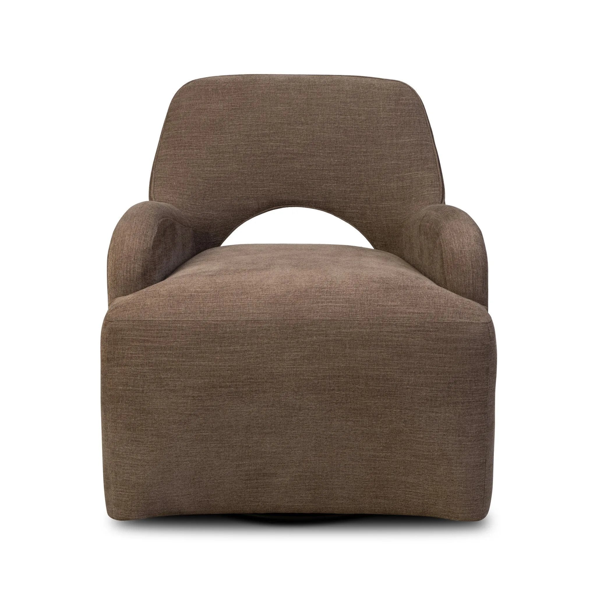 A 360 swivel chair fully upholstered in an inviting neutral coffee color, with a beautifully curved silhouette and arch-style cutout where the seat meets the back, creating a lightened sense of softness.As lovers of clean style at Amethyst, we love the nature inspired Barclay Swivel Chair - Laughlin Cafe. Amethyst Home provides interior design, new home construction design consulting, vintage area rugs, and lighting in the Tampa metro area.