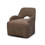 A 360 swivel chair fully upholstered in an inviting neutral coffee color, with a beautifully curved silhouette and arch-style cutout where the seat meets the back, creating a lightened sense of softness.As lovers of clean style at Amethyst, we love the nature inspired Barclay Swivel Chair - Laughlin Cafe. Amethyst Home provides interior design, new home construction design consulting, vintage area rugs, and lighting in the Washington metro area.