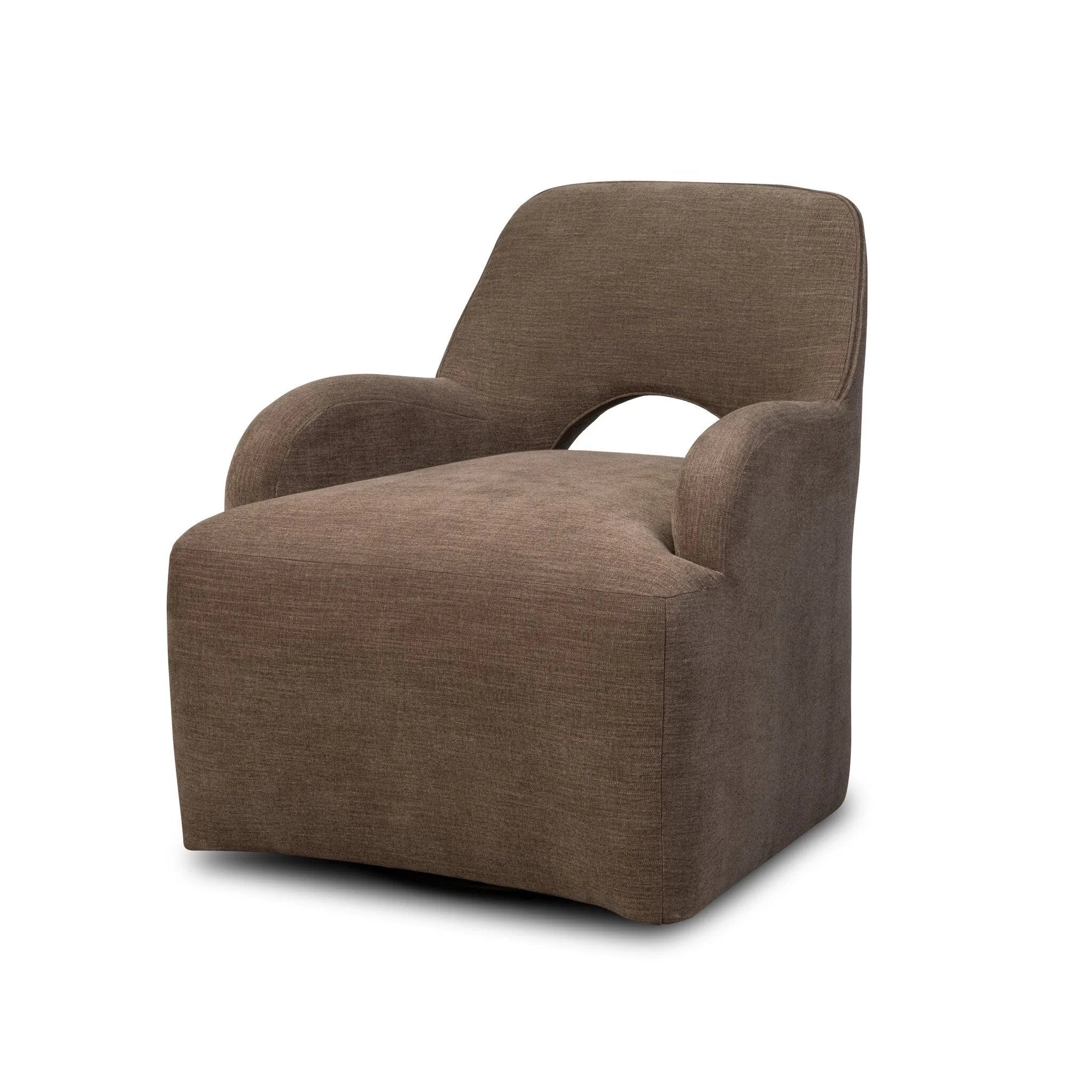 A 360 swivel chair fully upholstered in an inviting neutral coffee color, with a beautifully curved silhouette and arch-style cutout where the seat meets the back, creating a lightened sense of softness.As lovers of clean style at Amethyst, we love the nature inspired Barclay Swivel Chair - Laughlin Cafe. Amethyst Home provides interior design, new home construction design consulting, vintage area rugs, and lighting in the Washington metro area.