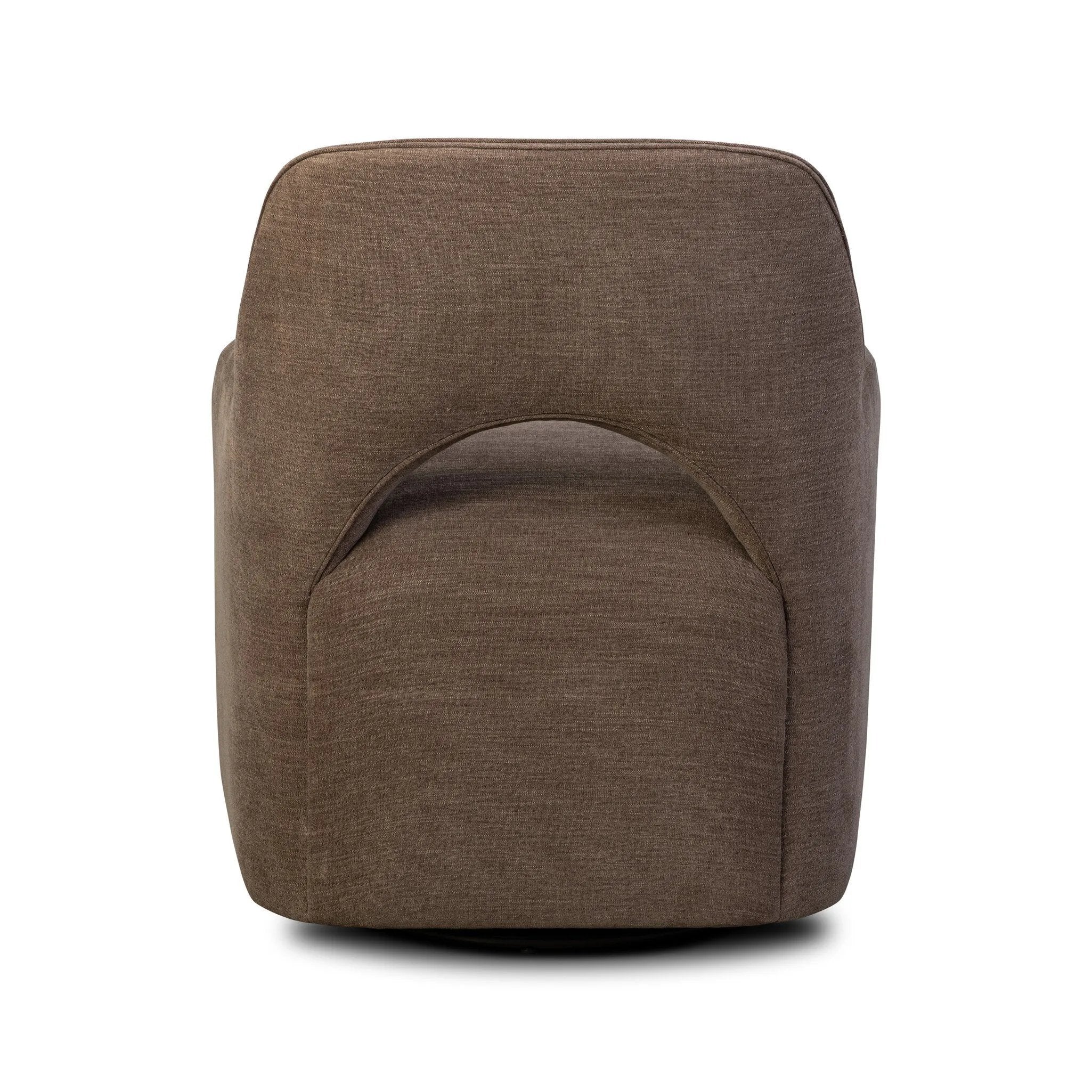 A 360 swivel chair fully upholstered in an inviting neutral coffee color, with a beautifully curved silhouette and arch-style cutout where the seat meets the back, creating a lightened sense of softness.As lovers of clean style at Amethyst, we love the nature inspired Barclay Swivel Chair - Laughlin Cafe. Amethyst Home provides interior design, new home construction design consulting, vintage area rugs, and lighting in the Winter Garden metro area.