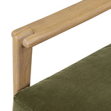 Tapered legs and sloped paddle arms frame the visible joinery and handwoven rope details of this accent chair, for a monochromatic yet visually intriguing frame. Finished with loose, velvet-upholstered seat and back cushions in a rich olive hue — for a subtle color contrast that celebrates the natural beauty of each material Amethyst Home provides interior design, new home construction design consulting, vintage area rugs, and lighting in the Newport Beach metro area.