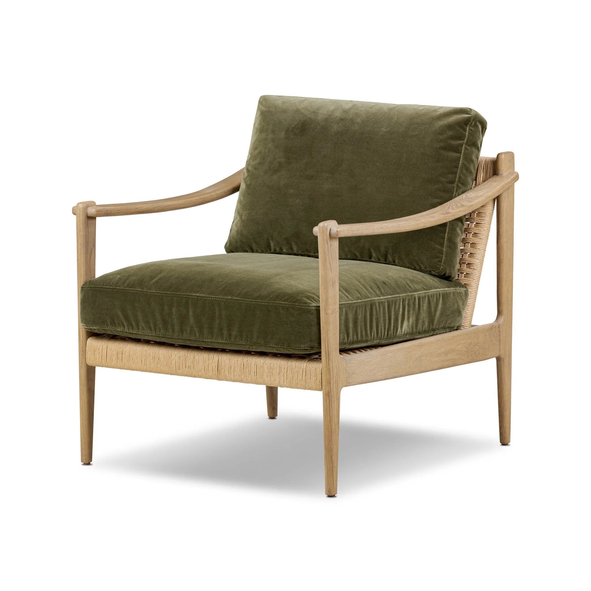Tapered legs and sloped paddle arms frame the visible joinery and handwoven rope details of this accent chair, for a monochromatic yet visually intriguing frame. Finished with loose, velvet-upholstered seat and back cushions in a rich olive hue — for a subtle color contrast that celebrates the natural beauty of each material Amethyst Home provides interior design, new home construction design consulting, vintage area rugs, and lighting in the Salt Lake City metro area.