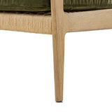 Tapered legs and sloped paddle arms frame the visible joinery and handwoven rope details of this accent chair, for a monochromatic yet visually intriguing frame. Finished with loose, velvet-upholstered seat and back cushions in a rich olive hue — for a subtle color contrast that celebrates the natural beauty of each material Amethyst Home provides interior design, new home construction design consulting, vintage area rugs, and lighting in the Tampa metro area.