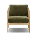 Tapered legs and sloped paddle arms frame the visible joinery and handwoven rope details of this accent chair, for a monochromatic yet visually intriguing frame. Finished with loose, velvet-upholstered seat and back cushions in a rich olive hue — for a subtle color contrast that celebrates the natural beauty of each material Amethyst Home provides interior design, new home construction design consulting, vintage area rugs, and lighting in the Washington metro area.