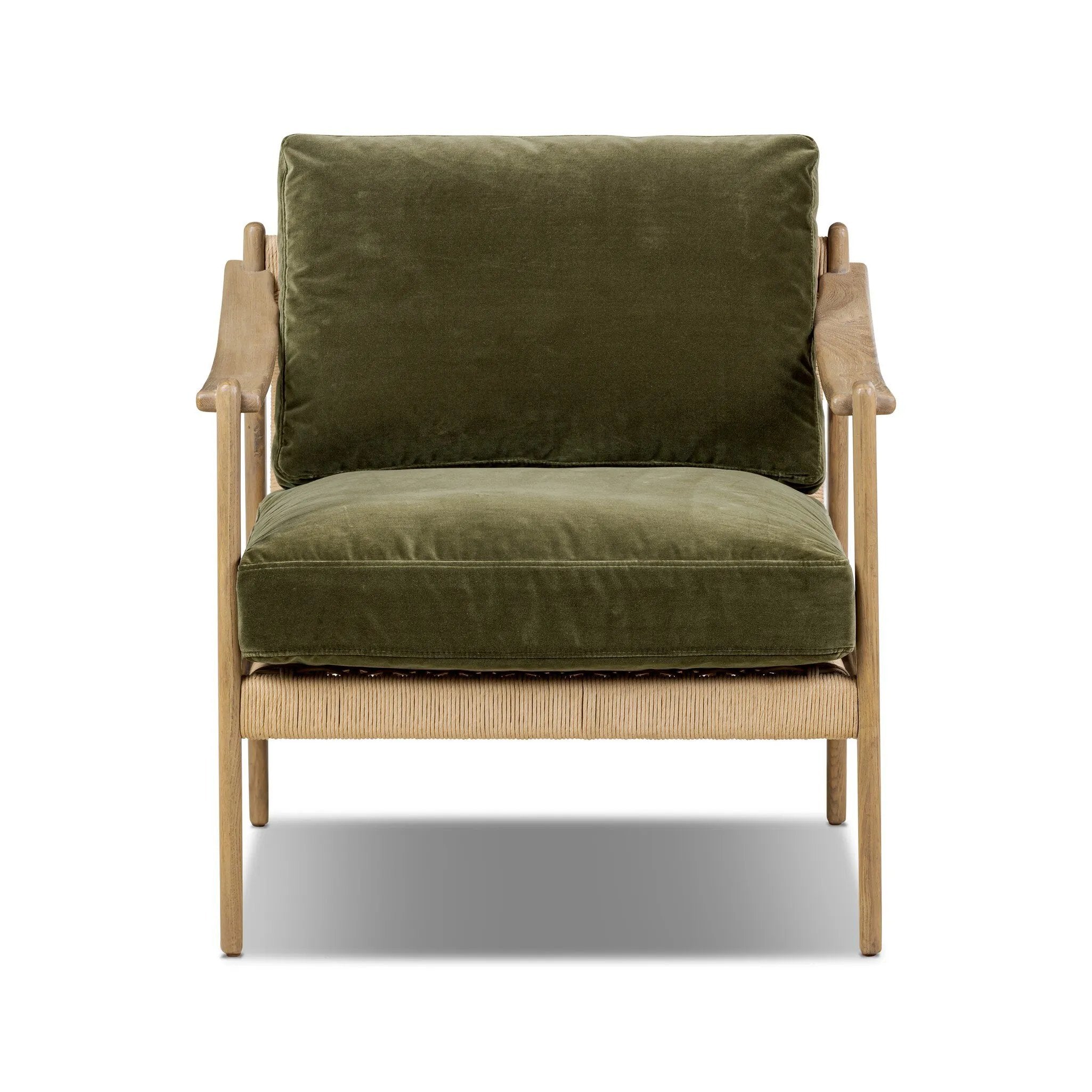 Tapered legs and sloped paddle arms frame the visible joinery and handwoven rope details of this accent chair, for a monochromatic yet visually intriguing frame. Finished with loose, velvet-upholstered seat and back cushions in a rich olive hue — for a subtle color contrast that celebrates the natural beauty of each material Amethyst Home provides interior design, new home construction design consulting, vintage area rugs, and lighting in the Washington metro area.
