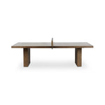 Fun meets flexibility. Two large slabs of warm grey marble, framed in rich oak, join together and sit atop the minimalist plinth bases of this dual-purpose ping pong table. The wooden "net" fastens to the table with custom gunmetal clamps, which can be easily removed for a dining table that seats 12 Amethyst Home provides interior design, new home construction design consulting, vintage area rugs, and lighting in the Des Moines metro area.