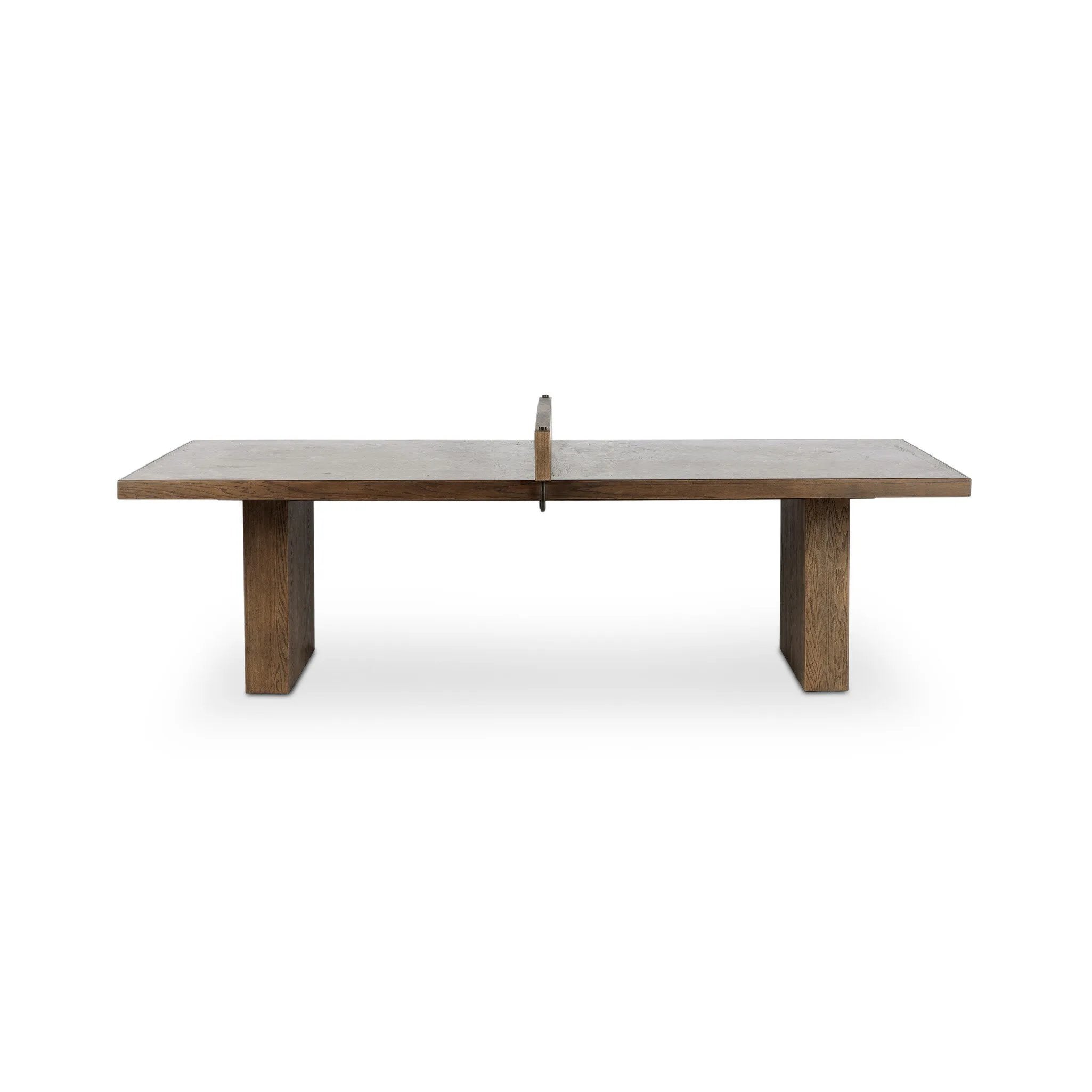 Fun meets flexibility. Two large slabs of warm grey marble, framed in rich oak, join together and sit atop the minimalist plinth bases of this dual-purpose ping pong table. The wooden "net" fastens to the table with custom gunmetal clamps, which can be easily removed for a dining table that seats 12 Amethyst Home provides interior design, new home construction design consulting, vintage area rugs, and lighting in the Des Moines metro area.