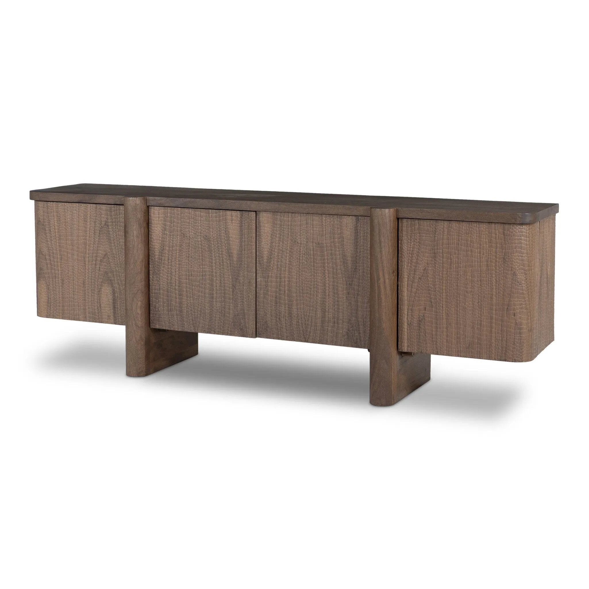 This unique, texture-driven piece offers an updated take on classic crocodile. Made from weathered solid mango, with embossed walnut door fronts. A subtly softened profile balances chunky legs, with bullnose details completing the look. Amethyst Home provides interior design, new home construction design consulting, vintage area rugs, and lighting in the Des Moines metro area.