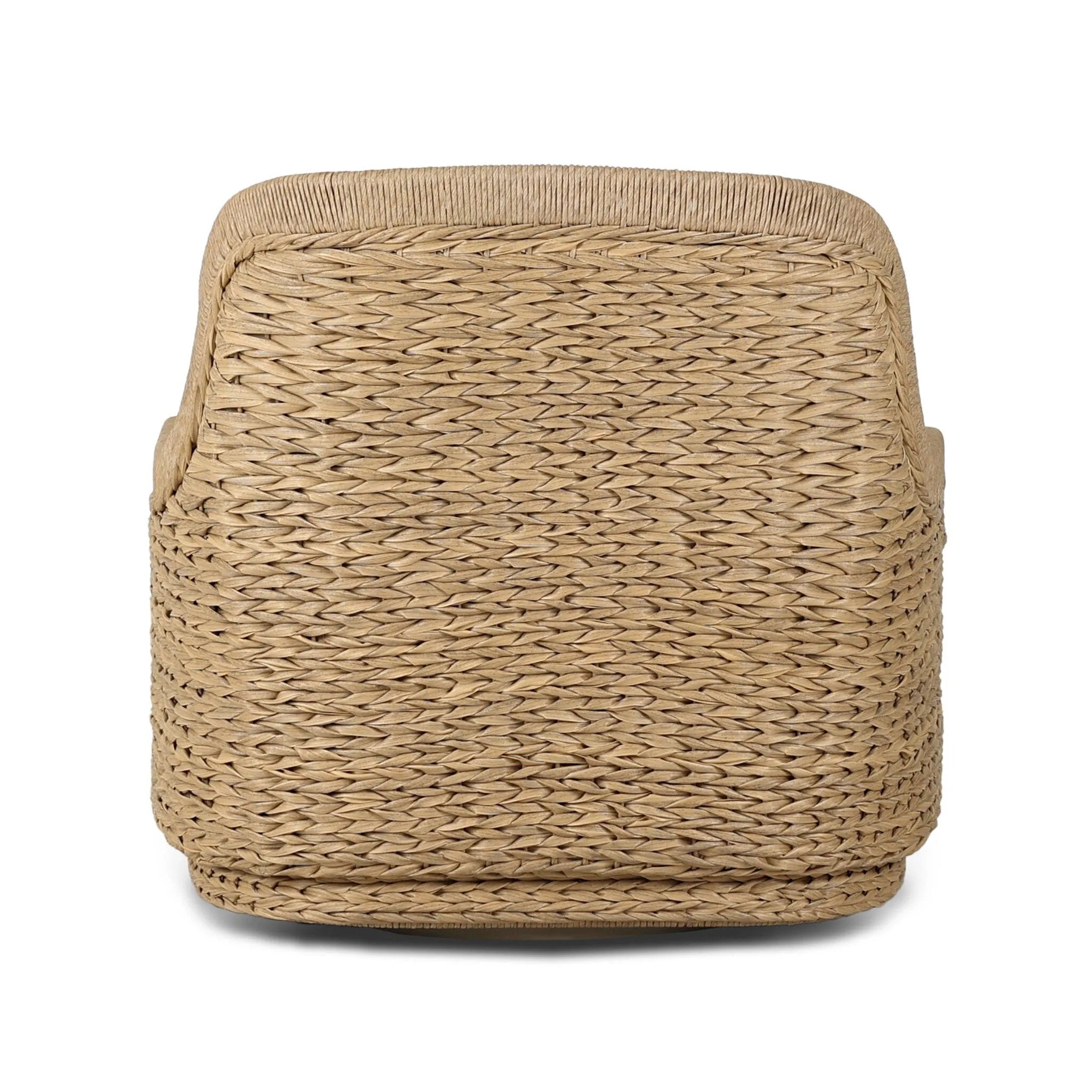 For a casual, coastal vibe, this outdoor chair takes on the classic slipper silhouette with added dimension and movement atop a 360-swivel base. It's all about the heavy braided weave technique: Faux banana leaf comes together in a mix of weave formats for added visual interest, finishing with a cord wrap detail on the arms. Amethyst Home provides interior design, new home construction design consulting, vintage area rugs, and lighting in the Des Moines metro area.
