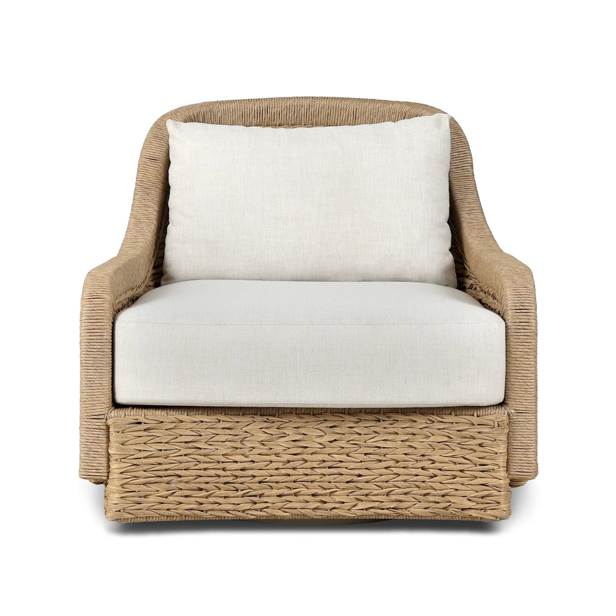 For a casual, coastal vibe, this outdoor chair takes on the classic slipper silhouette with added dimension and movement atop a 360-swivel base. It's all about the heavy braided weave technique: Faux banana leaf comes together in a mix of weave formats for added visual interest, finishing with a cord wrap detail on the arms. Amethyst Home provides interior design, new home construction design consulting, vintage area rugs, and lighting in the Newport Beach metro area.