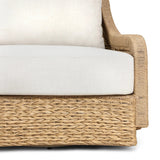 For a casual, coastal vibe, this outdoor chair takes on the classic slipper silhouette with added dimension and movement atop a 360-swivel base. It's all about the heavy braided weave technique: Faux banana leaf comes together in a mix of weave formats for added visual interest, finishing with a cord wrap detail on the arms. Amethyst Home provides interior design, new home construction design consulting, vintage area rugs, and lighting in the Portland metro area.